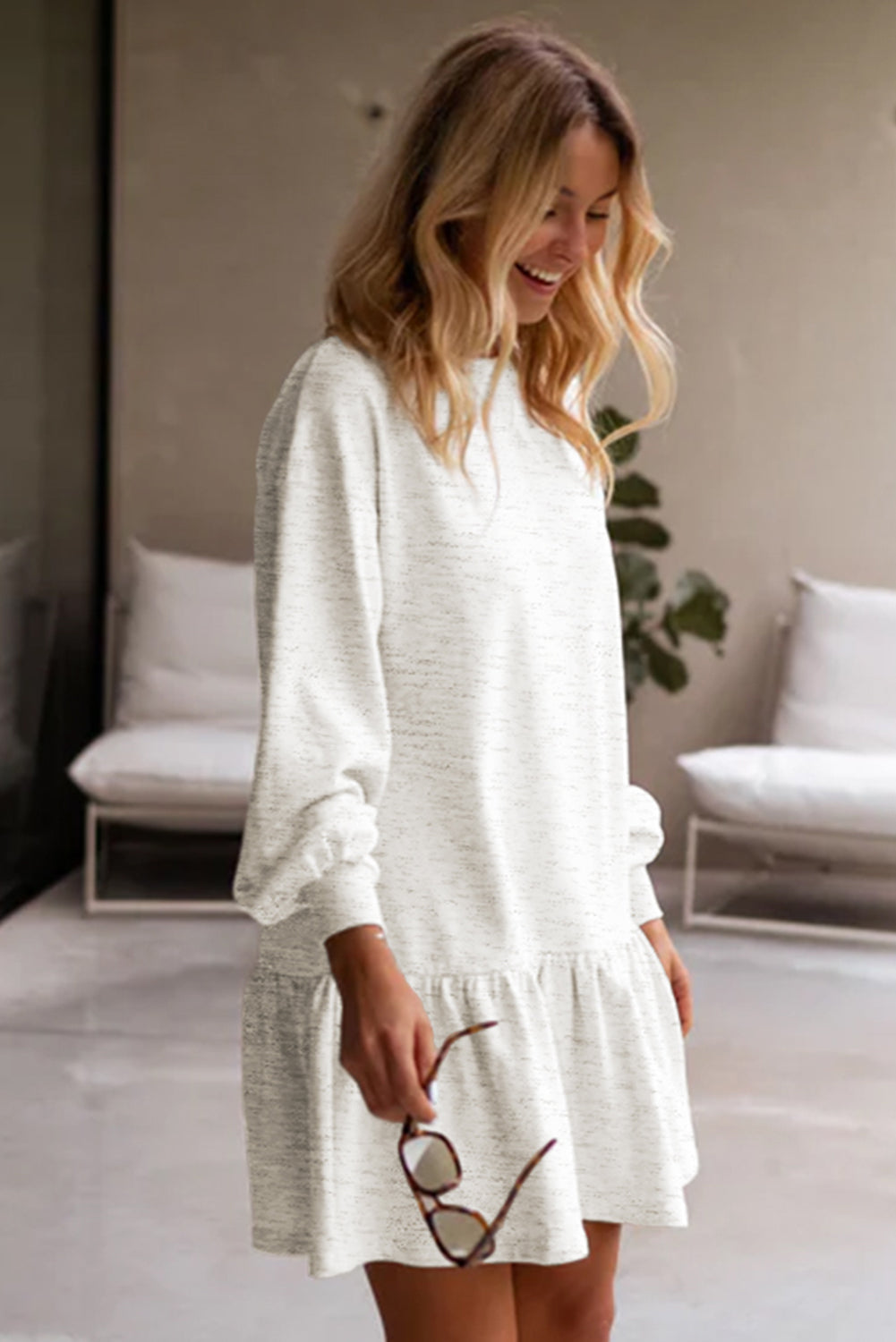 Solid Color Ruffle Hem Mini Sweatshirt Dress