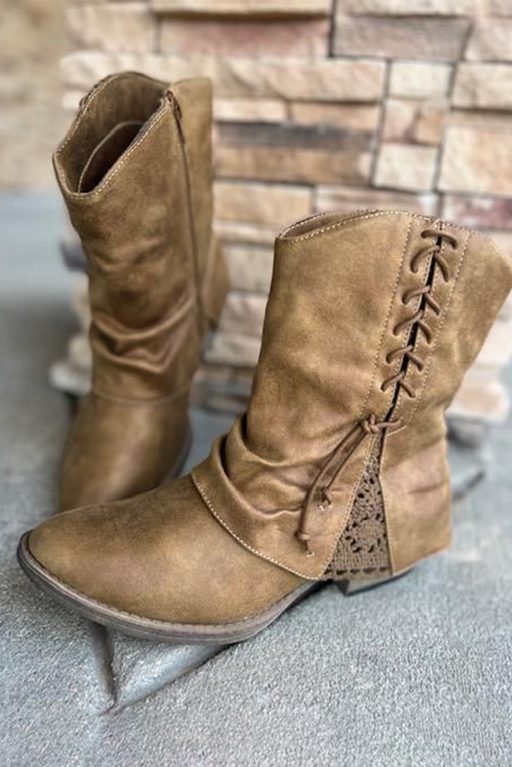 Brown Lace Detail Faux Leather Ankle Boots