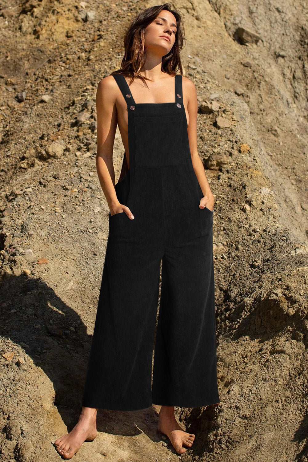 Black Corduroy Side Pockets Wide Leg Overalls Jumpsuits