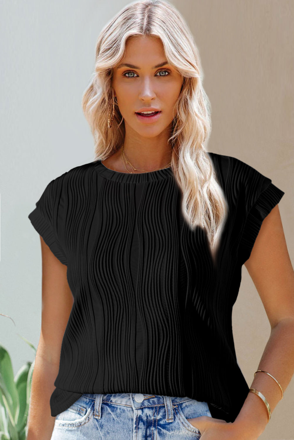 Solid Color Wavy Textured Cap Sleeve Top