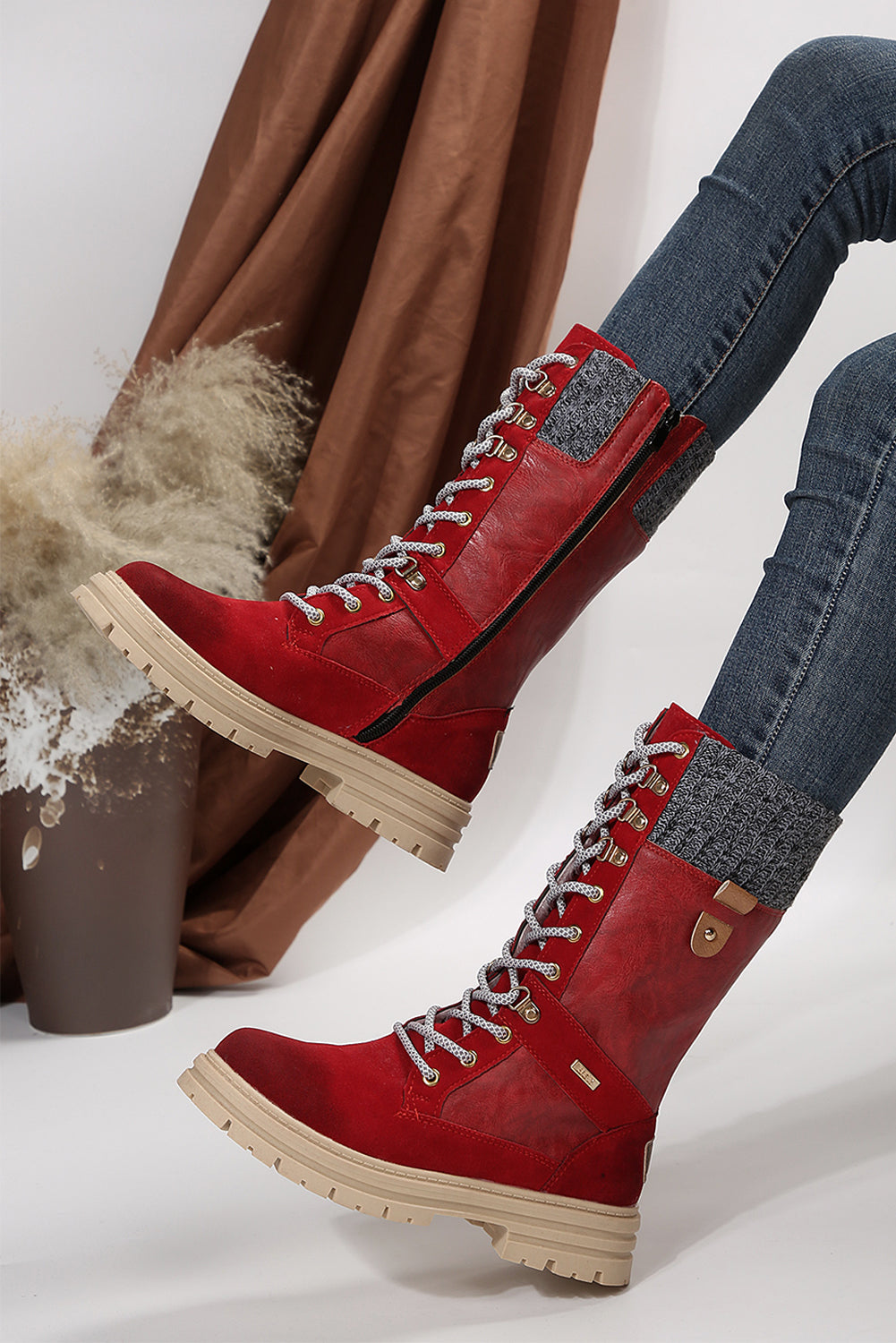 Coffee Wool Knit Patchwork Lace Up Leather Boots