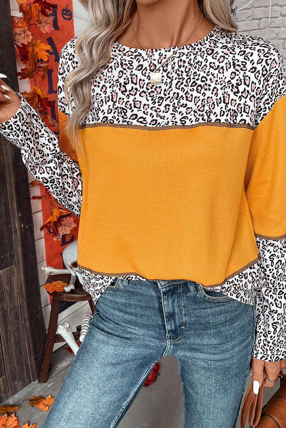 Leopard Print Waffle Knit Patchwork Top