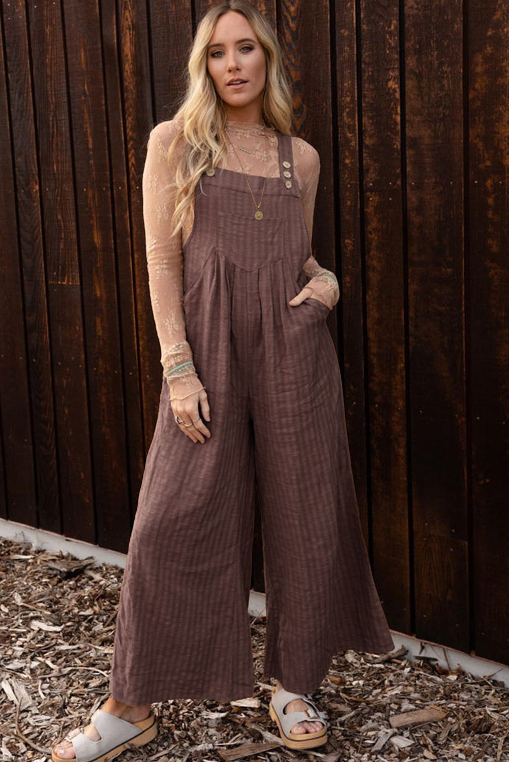 Striped Pleated Pockets Wide Leg Jumpsuit