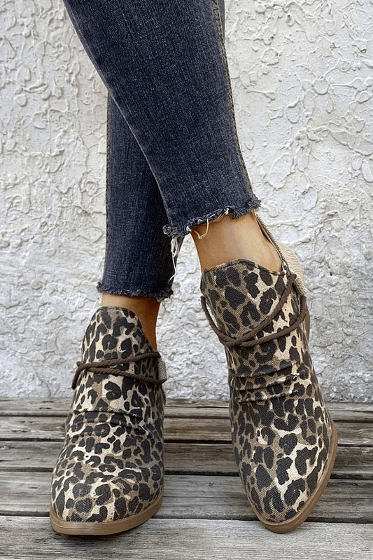 Leopard Retro Canvas Patchwork Chunky Heel Booties