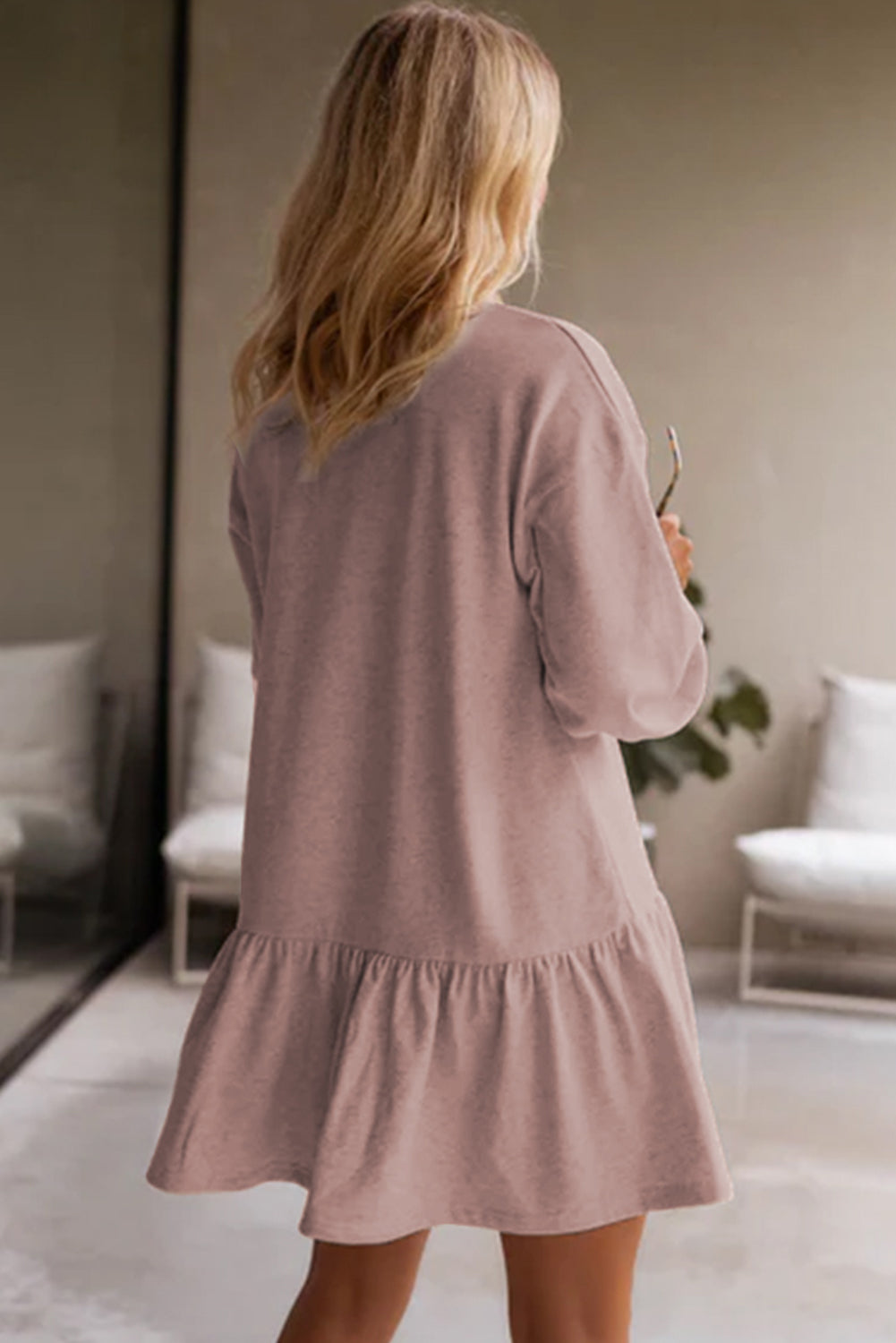 Solid Color Ruffle Hem Mini Sweatshirt Dress