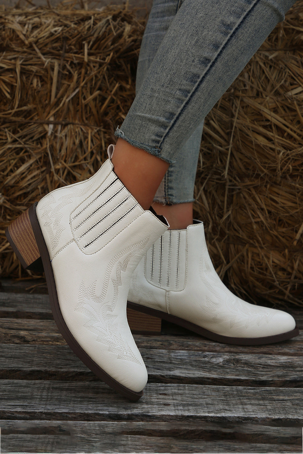 Embroidered Leather Thick Heel Booties