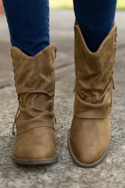 Brown Lace Detail Faux Leather Ankle Boots