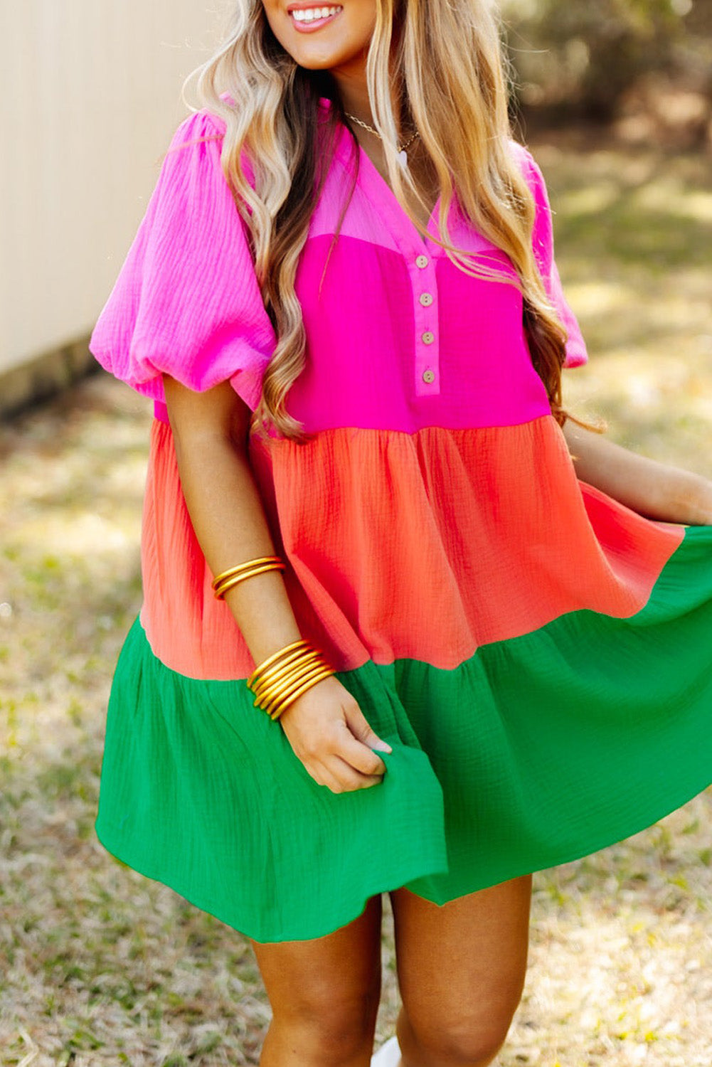 Multicolor Color Block Tiered Puff Sleeve Dress