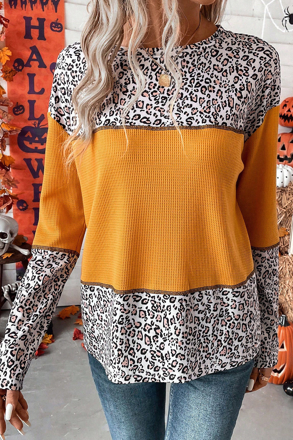 Leopard Print Waffle Knit Patchwork Top