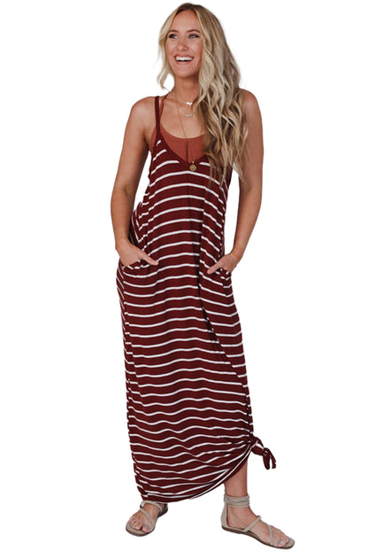 Red Stripe Print Side Pockets Spaghetti Straps Maxi Dress