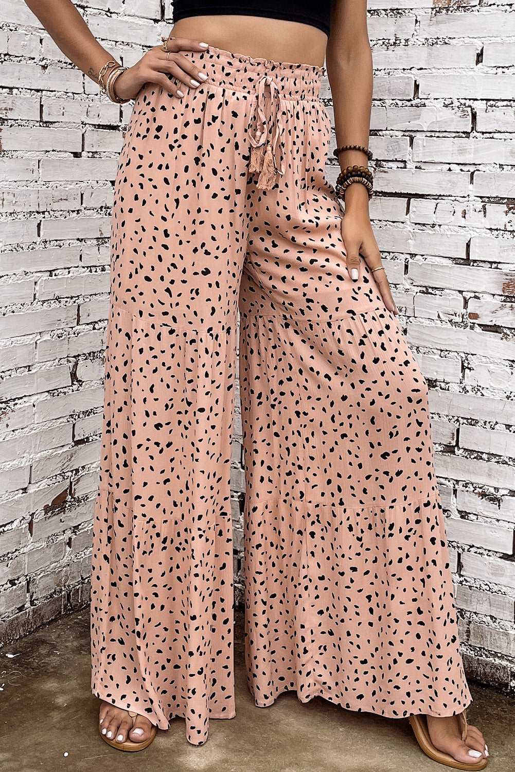 Brown Ruffle Wide Leg Animal Palazzo Pants