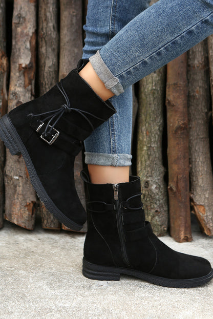 Faux Suede Zip Up Buckle Straps Ankle Boots