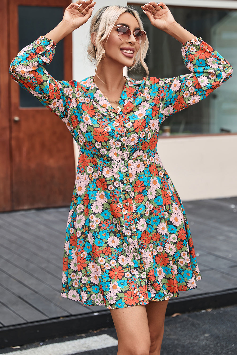 Multicolour Vibrant Floral Print Lapel Collar Button Closure Shirt Dress