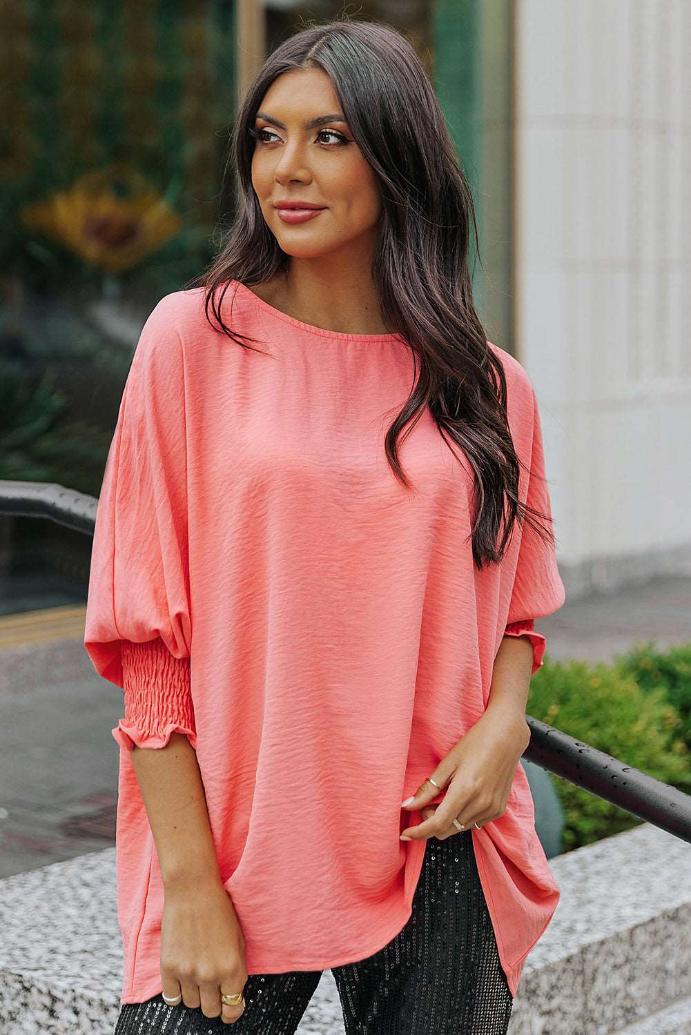 Casual Shirred Cuffs Half Sleeve Top