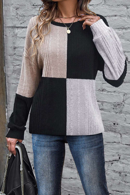 Black Colorblock Textured Knit Long Sleeve Top