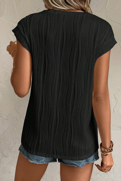 Solid Color Wavy Textured Cap Sleeve Top