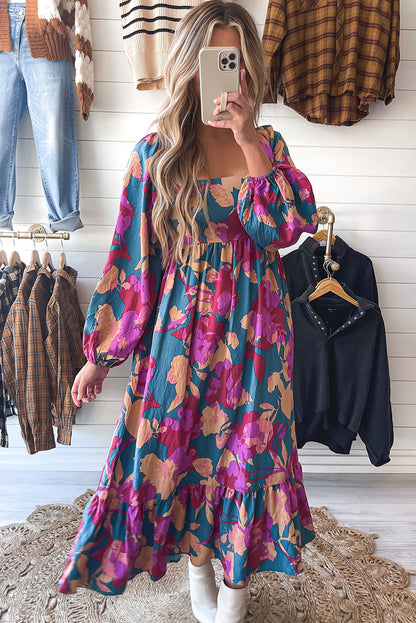 Multicolor Boho Floral Print Square Neck Ruffle Maxit Dress