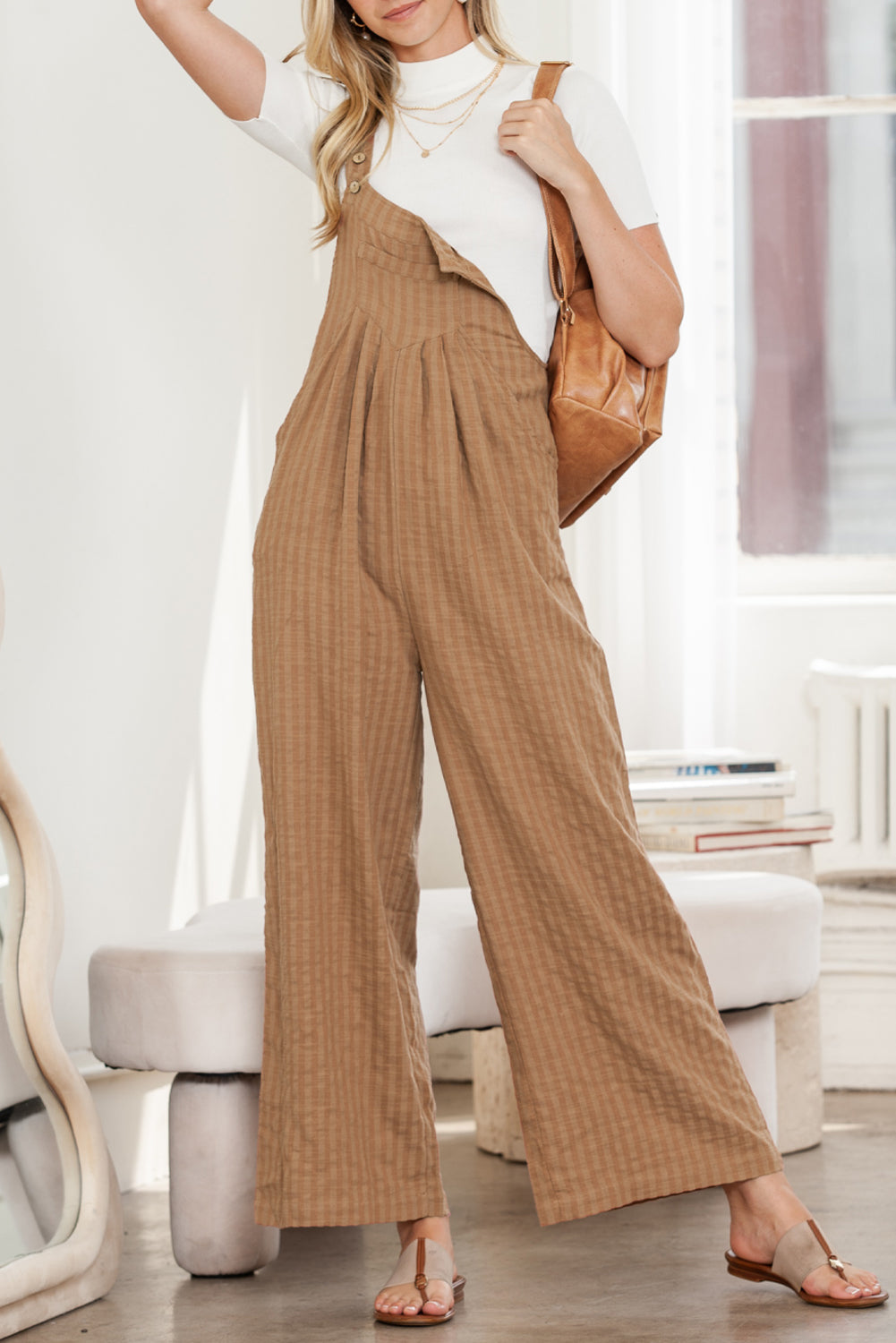 Striped Pleated Pockets Wide Leg Jumpsuit