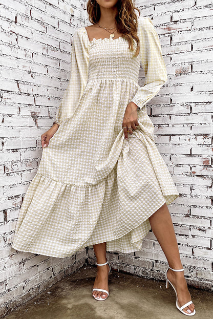 Khaki Plaid Ruffled Square Neck Smocked Tiered Maxi Dress