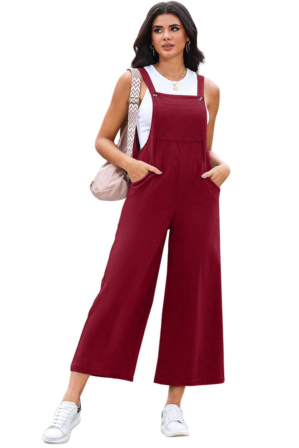 Black Corduroy Side Pockets Wide Leg Overalls Jumpsuits