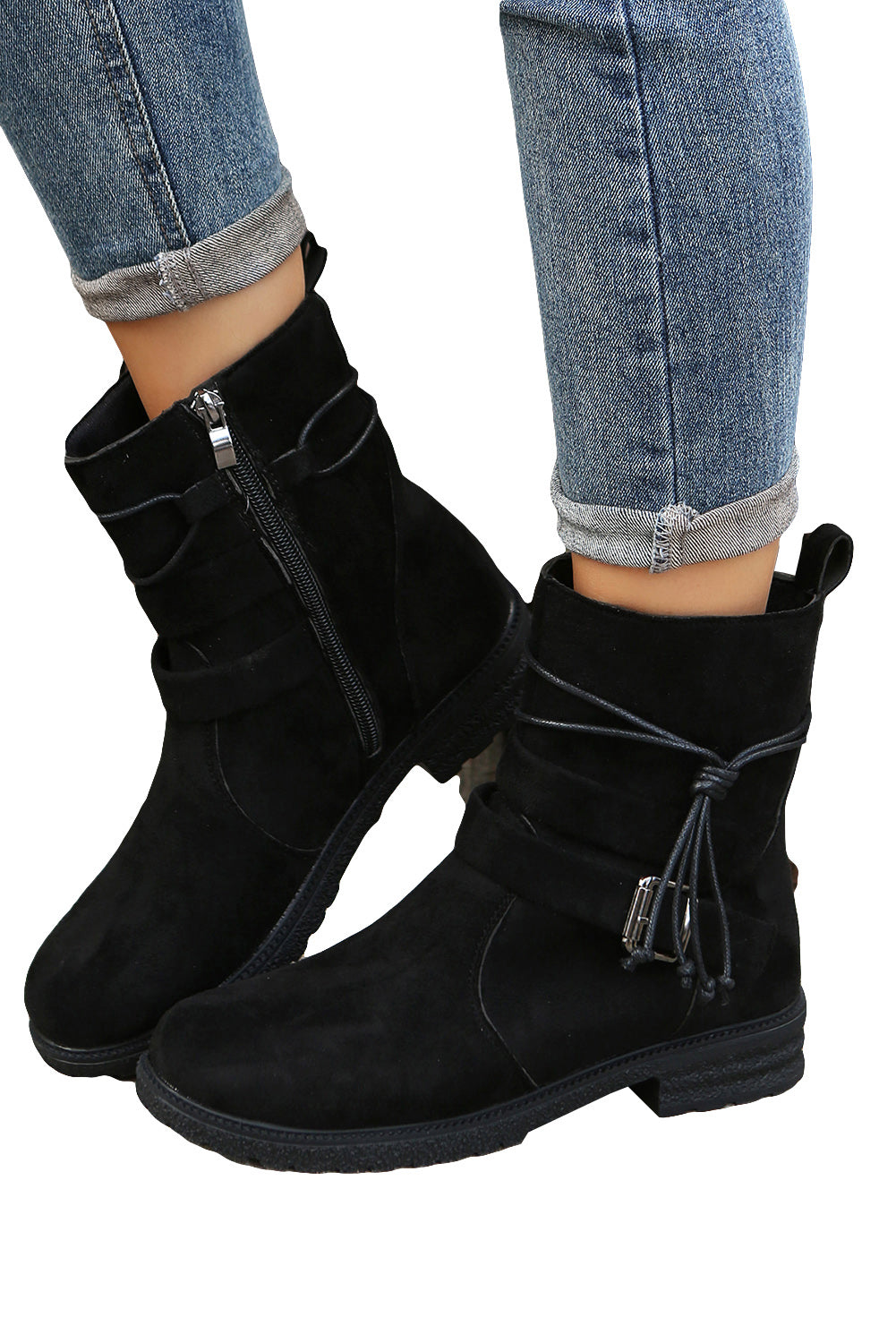 Faux Suede Zip Up Buckle Straps Ankle Boots