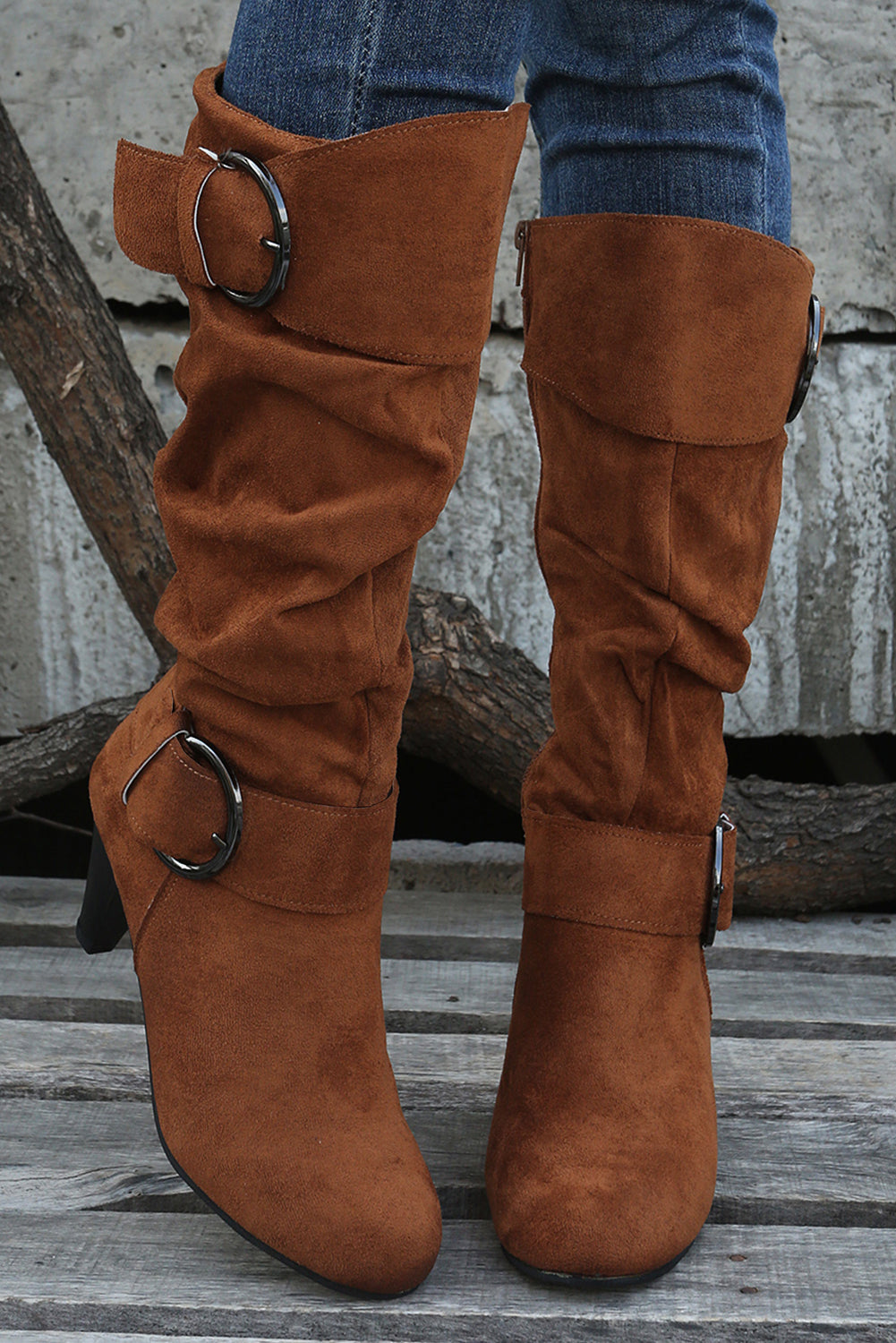 Chestnut Buckle Decor Ruched Zipper Heeled Boots