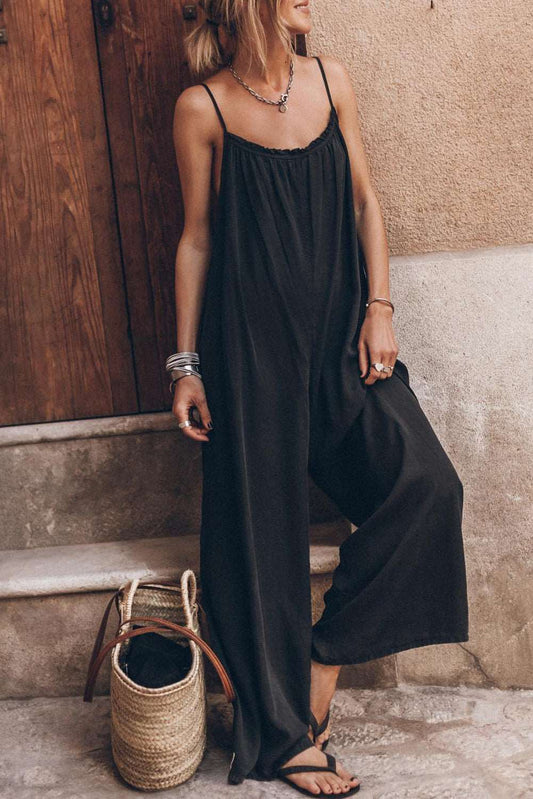 Black Frilled Neckline Strap Backless Wide Leg Jumpsuit