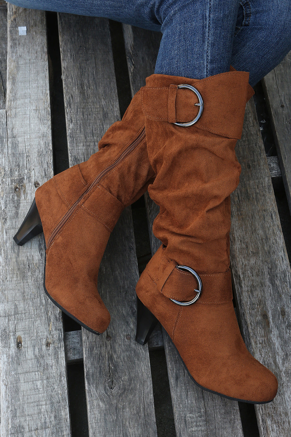 Chestnut Buckle Decor Ruched Zipper Heeled Boots