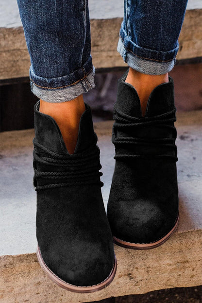 Criss Cross Slip On Point Toe Heeled Boots