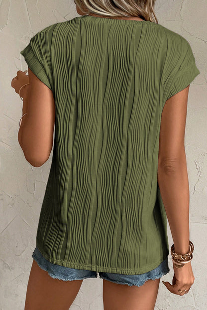 Solid Color Wavy Textured Cap Sleeve Top