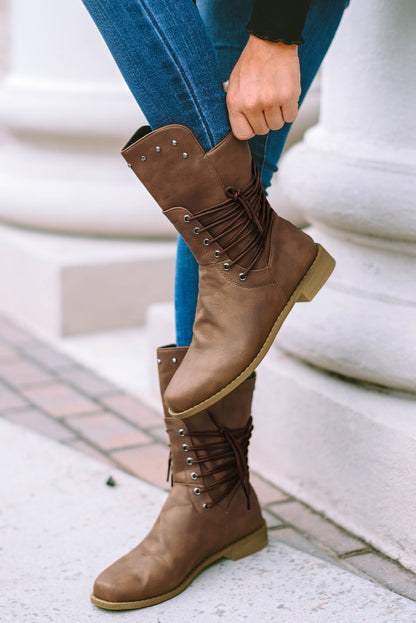 Chestnut Grommet Studded Decor Zipper Faux Leather Boots