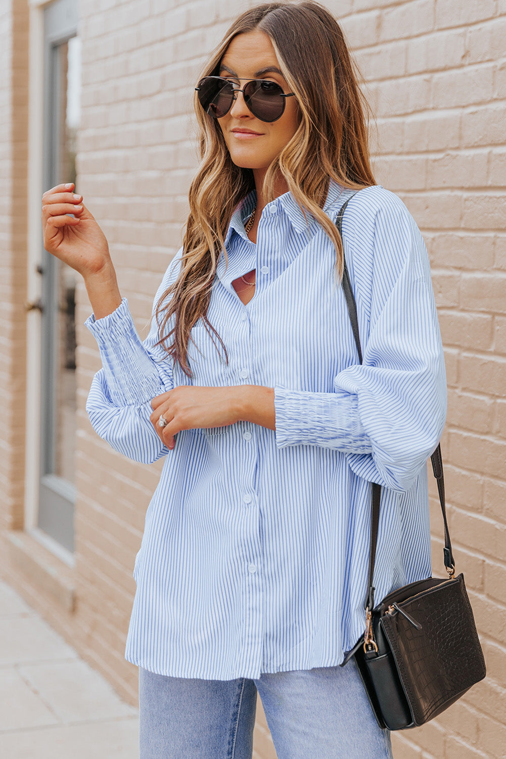 Striped Casual Shirred Cuffs Shirt