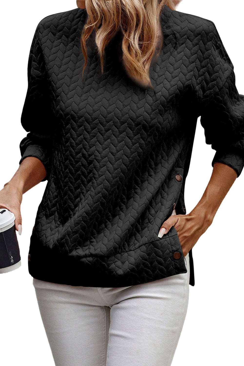 Black Quilted Snap Button Detail Drop Shoulder Sweatshirt