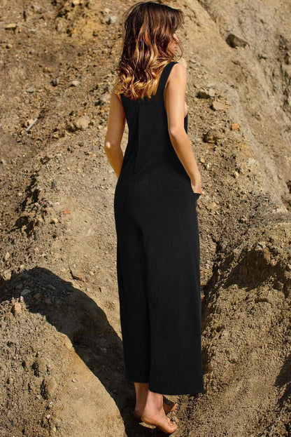 Black Corduroy Side Pockets Wide Leg Overalls Jumpsuits