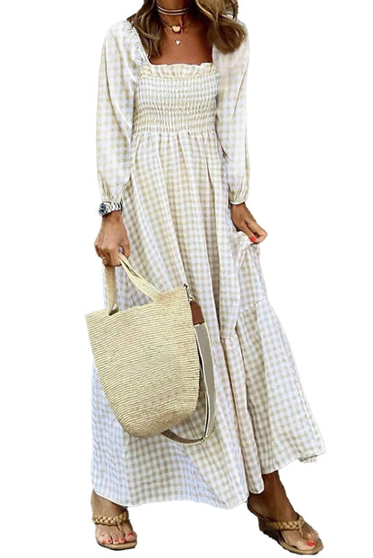 Khaki Plaid Ruffled Square Neck Smocked Tiered Maxi Dress