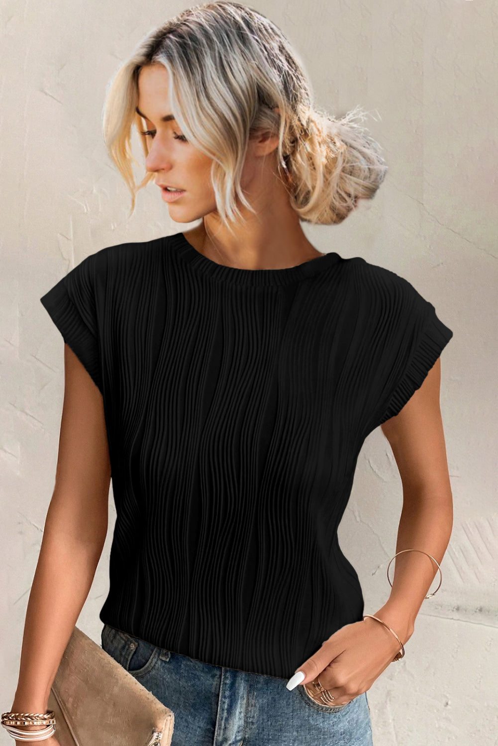 Solid Color Wavy Textured Cap Sleeve Top