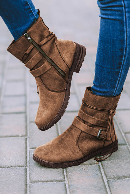 Faux Suede Zip Up Buckle Straps Ankle Boots