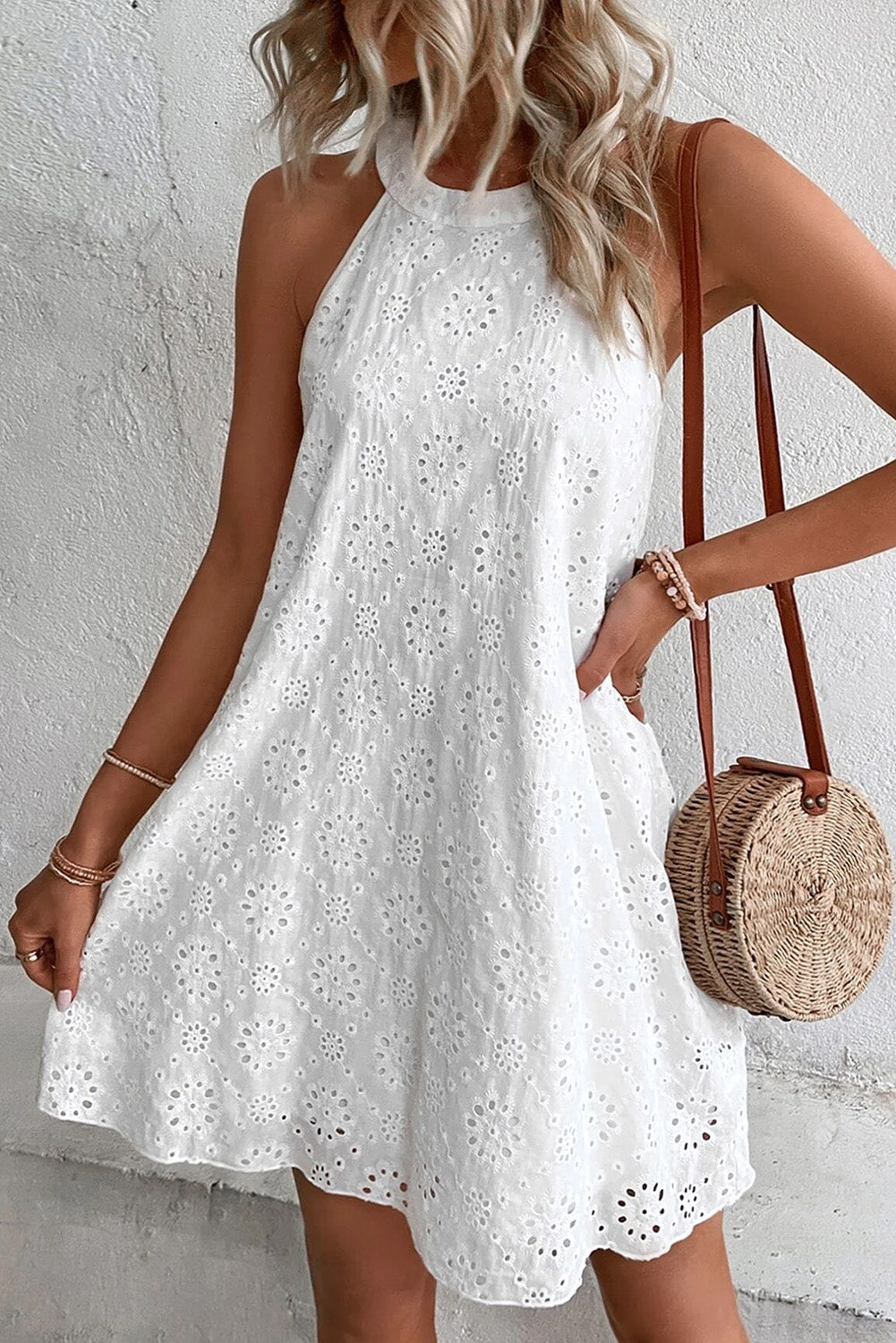 White Lace Eyelet Sleeveless O-Neck Keyhole Back Mini Dress