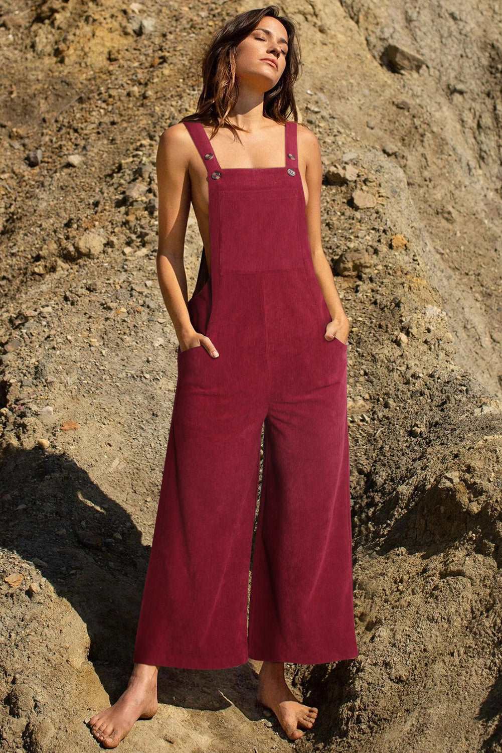 Black Corduroy Side Pockets Wide Leg Overalls Jumpsuits