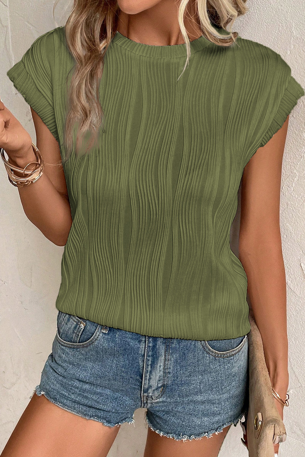 Solid Color Wavy Textured Cap Sleeve Top