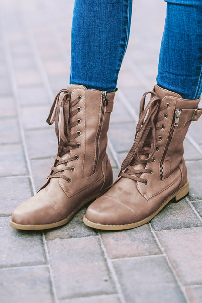 Chestnut Buckle Strap Zipper Decor Lace-up Leather Boots