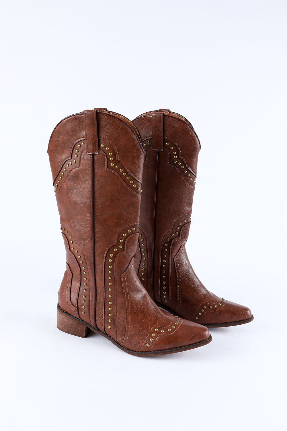 Brown Vintage Rivet Studded Faux Leather Boots