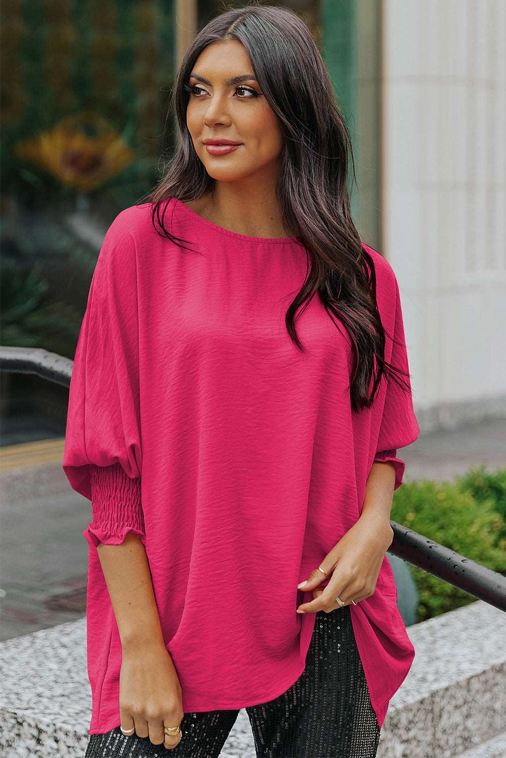 Casual Shirred Cuffs Half Sleeve Top