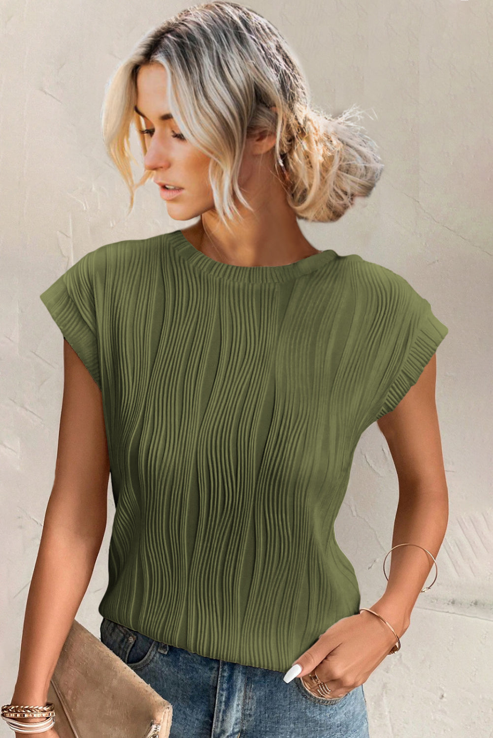 Solid Color Wavy Textured Cap Sleeve Top