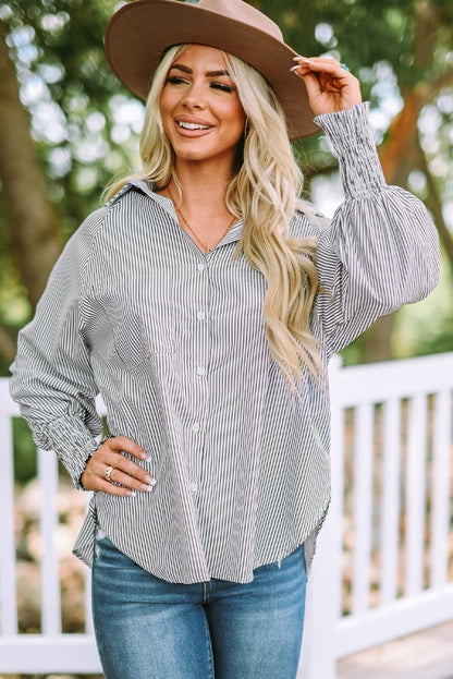 Striped Casual Shirred Cuffs Shirt