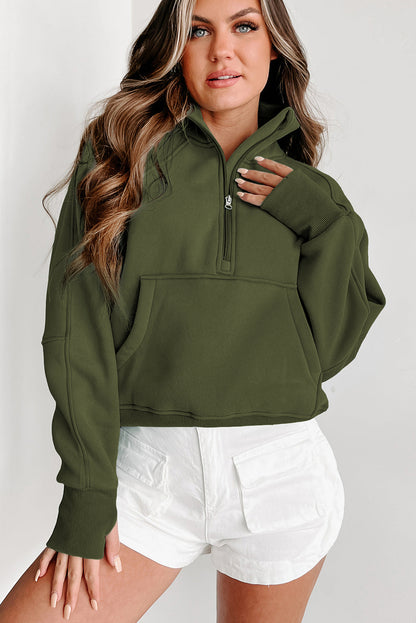 Zip Up Stand Collar Thumb hole Sleeve Sweatshirt