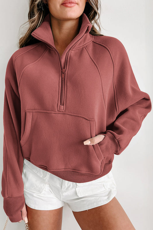 Zip Up Stand Collar Thumb hole Sleeve Sweatshirt