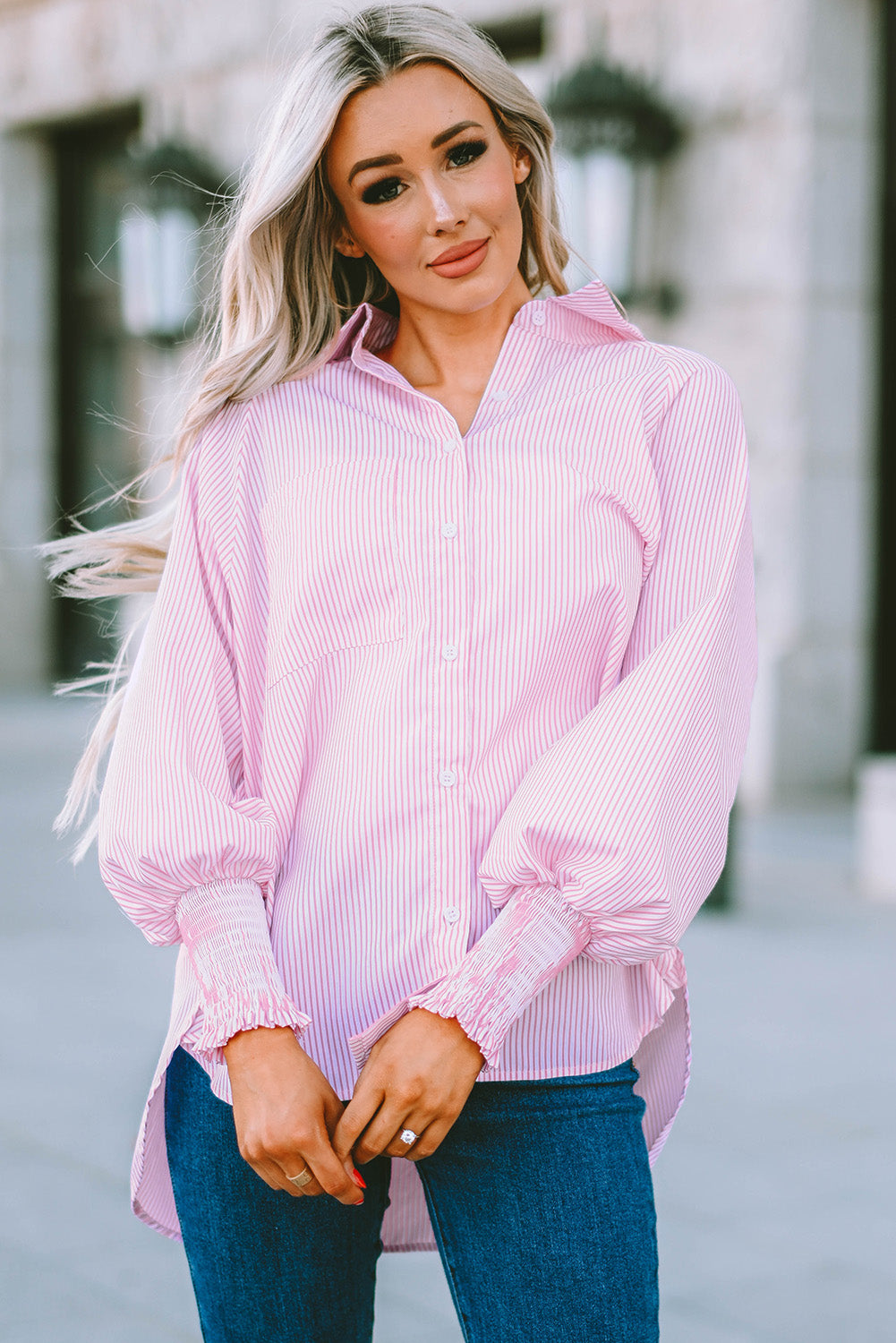 Striped Casual Shirred Cuffs Shirt