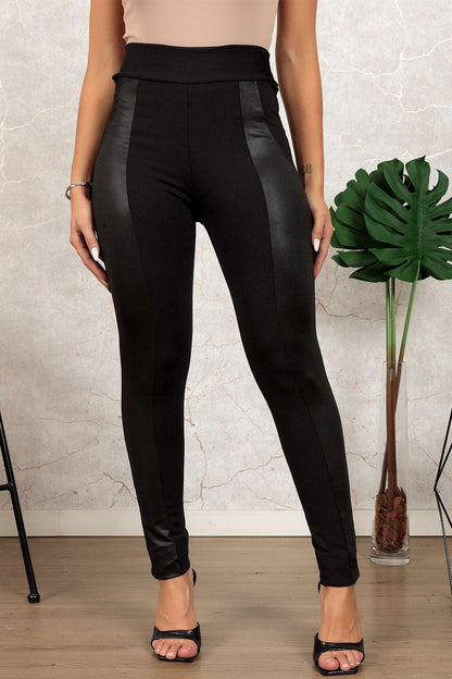 Black Leather Panel Patchwork High Waist Leggings