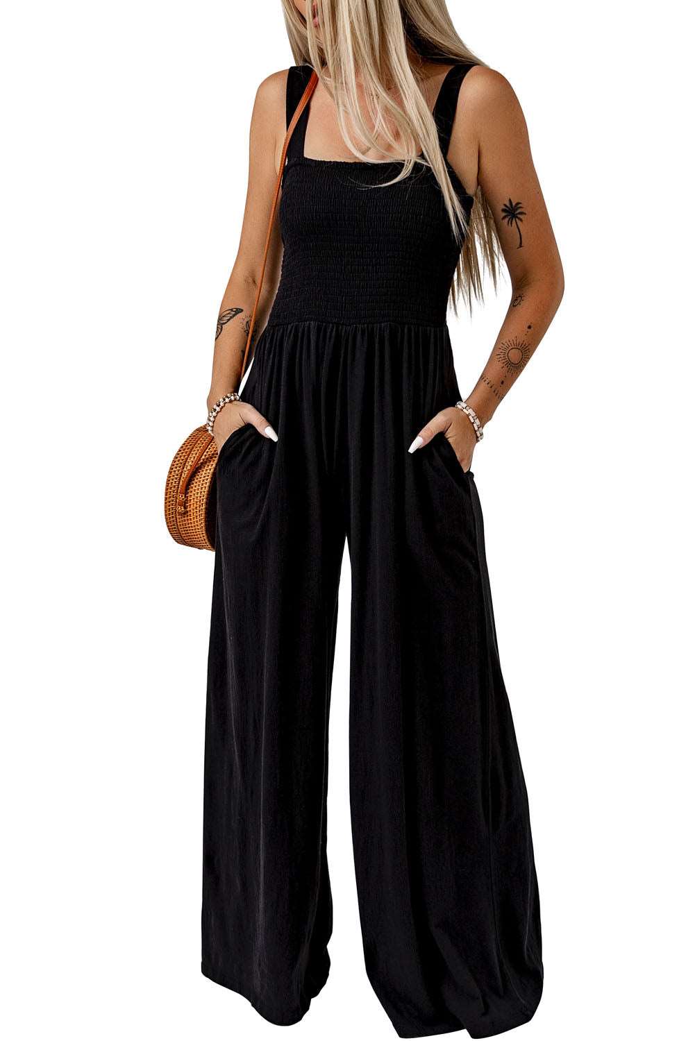 Casual Smocked Pocketed Wide Leg Jumpsuit